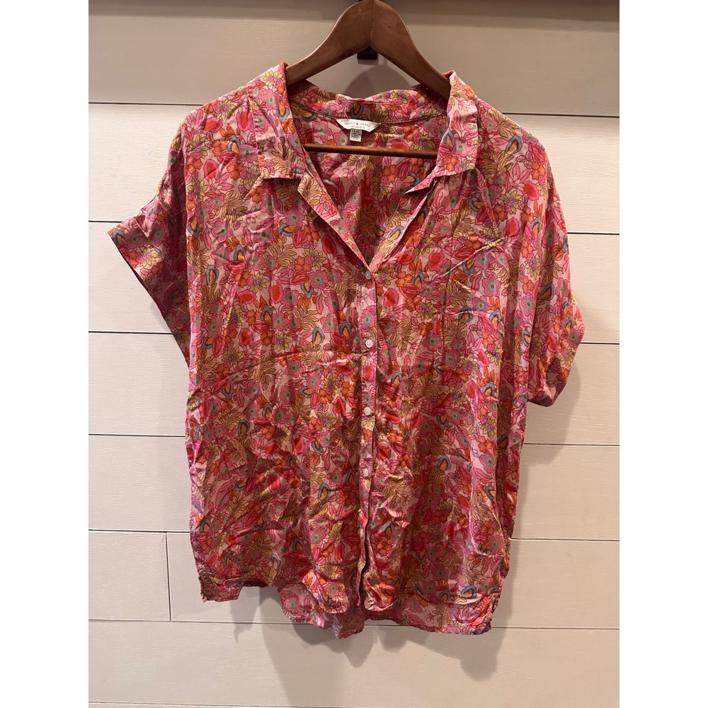Lucky Brand Womens Pink Floral Boho Modal Short Sleeve Button Down Shirt Large